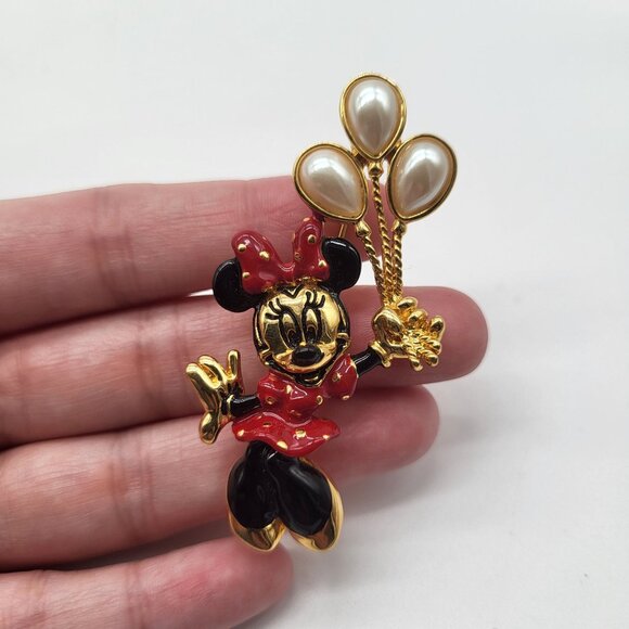 VTG 90s Napier Disney Enamel Gold Tone Minnie Mouse w/ Balloons Brooch Pin - Picture 2 of 6